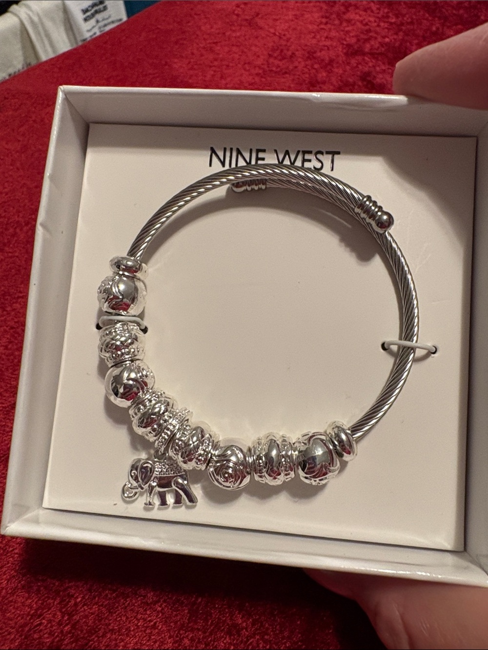 Nine West Silver Elephant Charm Cable Bangle Bracelet new in box